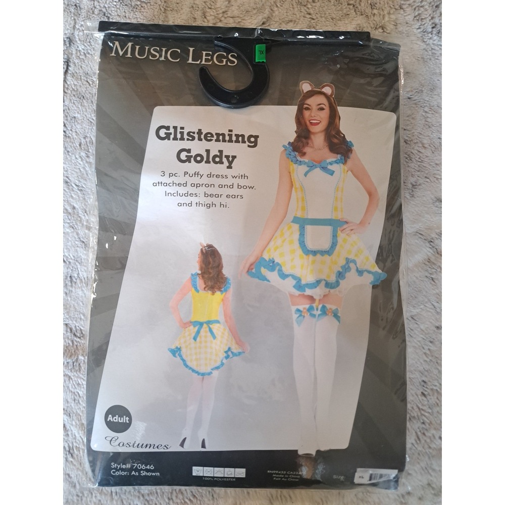 Music Legs Glistening Goldy Locks Bears 3pc Costume Yellow Gingham Dress Size XL